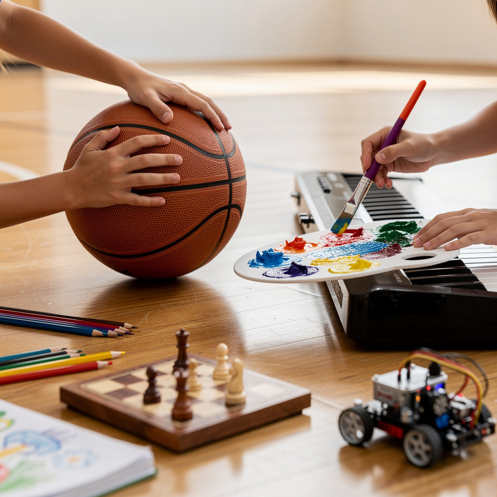 Groupe Scolaire Romandie International - enfants engagés dans des activités parascolaires enrichissantes incluant l'art, la robotique et les sports